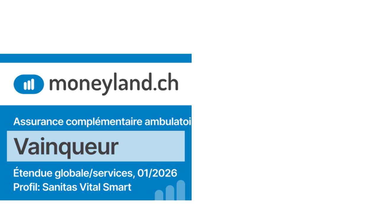 Badge moneyland.ch – Assurance complémentaire ambulatoire, Vainqueur, Étendue globale/services, 01/2026, Profil: Sanitas Vital Smart